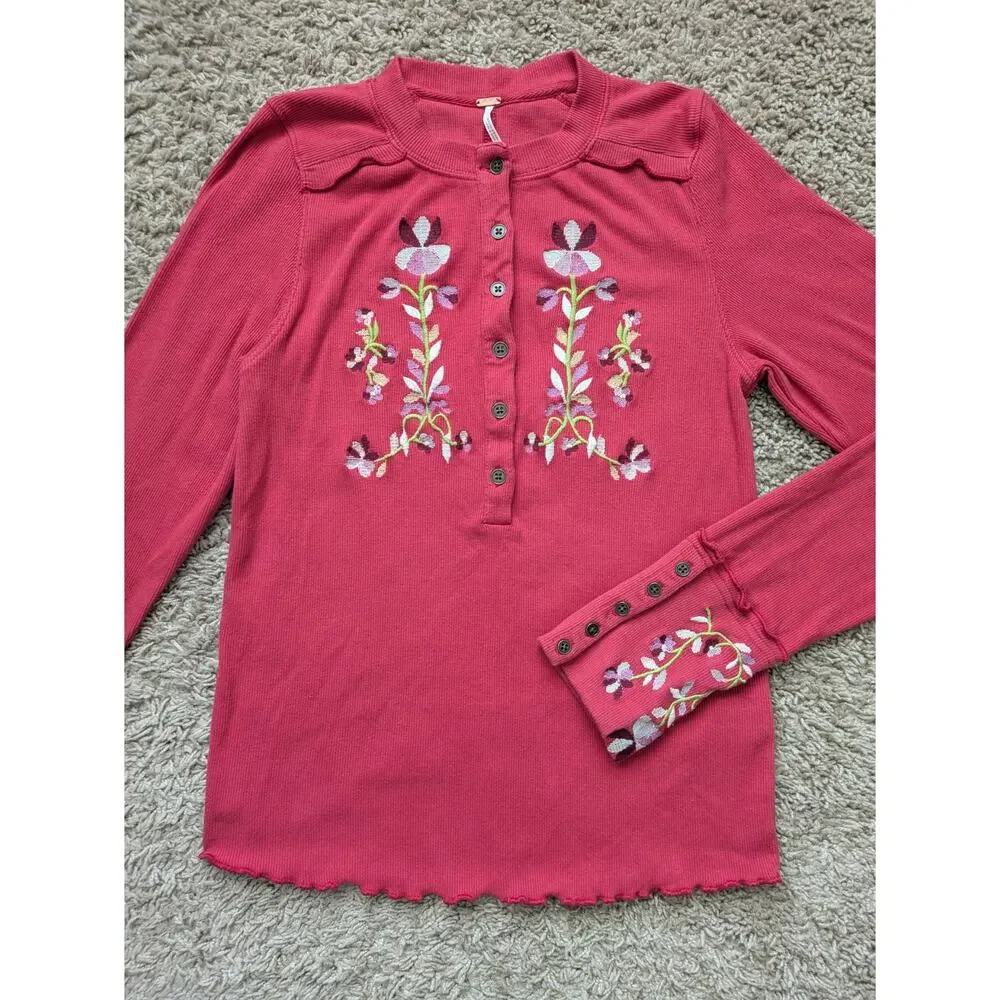 Free People Fleur Embroidered Cuff Henley Top Womens M Red-Pink Floral Boho